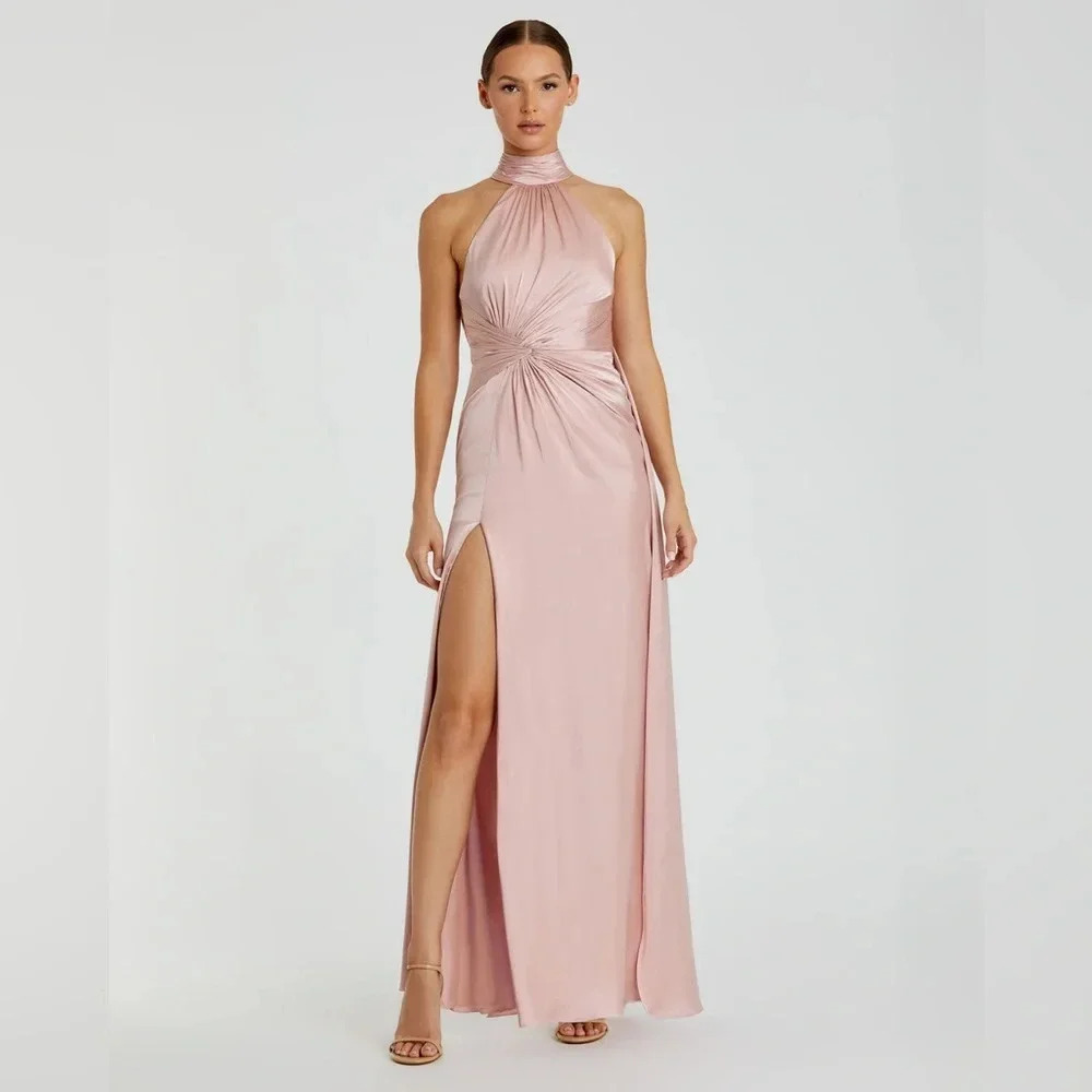 Mac Duggal - Light Pink Open Back High Neck Side Ruched Gown